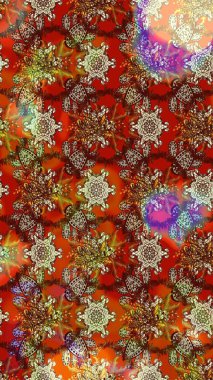 Çiçek desenli çizim. Raster illüstrasyonu. Kahverengi ve kırmızı renklerde Asya tekstili.