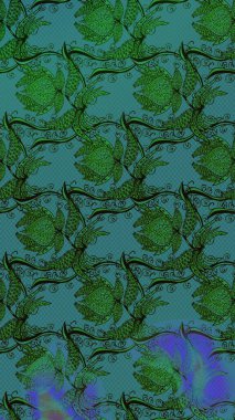 Şirin çiçekli eskiz deseni ve yeşil ve mavi renkli yapraklar, suluboya çiçek deseni, duvar kağıdı, kart ya da kumaş için fayanslı. Raster illüstrasyonu.