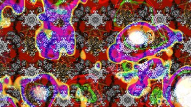 Motley illüstrasyonu. Moda baskıları için zarif bir şablon. Küçük renkli çiçekler. Gri ve kırmızı çiçekli bahar çiçekleri. Küçük çiçekte şirin desenler.