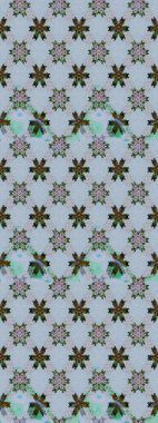 Mavi ve gri renkli Asya tekstili. Çiçek desenli çizim. Raster illüstrasyonu.