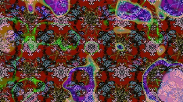 Tekstil için suluboya eskiz deseni. El çizimi çiçek çizimi deseni (fayans). Şirin çiçekler, şal desenli, kırmızı ve kahverengi renkli çizim deseni.