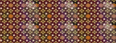 Kahverengi ve mor renkli Asya tekstili. Raster illüstrasyonu. Suluboya çiçekli çiçek deseni.