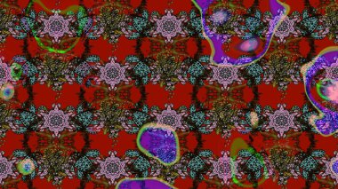 Raster illüstrasyonu. Kırmızı ve kahverengi renkli Asya tekstili. Çiçek desenini çiz.