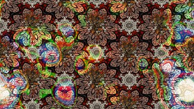 Kumaş, tekstil, duvar kağıdı baskısı için. Eskiz geçmişi. Raster illüstrasyonu. Eski usul. Renkli desenli eskiz deseni, kahverengi ve siyah çiçekler ve dekoratif elementler.