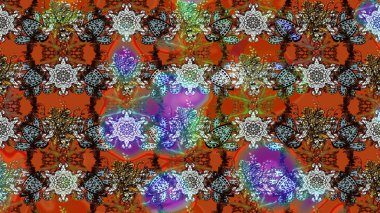 Düz Çiçek Elementleri Tasarım Raster illüstrasyonu. Kahverengi ve turuncu renkte çiçekler. Renkli bahar temalı eskiz kalıbı. Çiçekli çiçek deseni, suluboya..