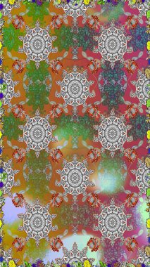 Raster Çiçek İllüstrasyonu güzel tekstil. Gri ve kahverengi renkte etnik çiçeklerle kusursuz bir desen..