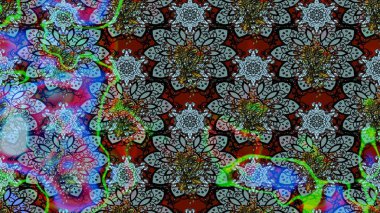 Mavi ve siyah renkli bitkilerden oluşan parlak çiçekli çizim deseni.