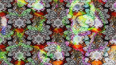 Yatak çarşafları, ceket, paket tasarımı, kumaş ve moda kavramları için tekstil baskısı. Eskiz modeli etnik tasarım. Çiçekleri, deniz kabukları, mandalaları ve suluboya efektleri olan deniz altyapısı.