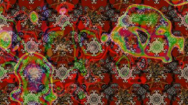 Çok kahverengi ve kırmızı zarif küçük çiçekler ve kahverengi ve kırmızı renkli komik böcekler, raster desen, illüstrasyon.