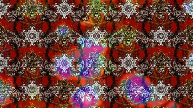 Renkli desenli eskiz deseni, kahverengi ve kırmızı çiçekler ve dekoratif elementler. Raster illüstrasyonu. Kumaş, tekstil, duvar kağıdı baskısı için. Eskiz geçmişi. Antika retro tarzı.