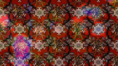 Düz Çiçek Elementleri Tasarımı. Asya tekstil tarzında. Çiçek desenli çizim. Raster illüstrasyonu. Kahverengi ve kırmızı renkte çiçekler. Renkli Bahar Teması çizim şablonu.