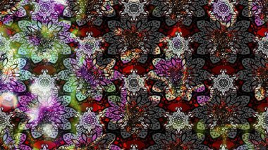 Moda baskıları için zarif bir şablon. Halk tarzı. Parlak renkli çiçekleri olan ve gri ve siyah renkte yaprakları olan harika bir çiçek deseni. Modern çiçek arkaplanı.