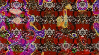 Üzerinde gelincikler ve vadi zambakları olan renkli çiçek desenli nakış deseni. Tekstil tasarımı için kırmızı ve kahverengi renkli geleneksel halk çiçekleri..