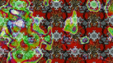 Raster Floral Illustration in cute textile. Elegance sketch pattern with ethnic flowers on green and red colors.