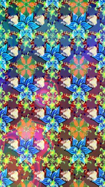 Renkli Yaz Temalı eskiz kalıbı. Mavi ve yeşil renkli çiçekler. Çiçekli eskiz çizimi. Düz Çiçek Elementleri Tasarımı.