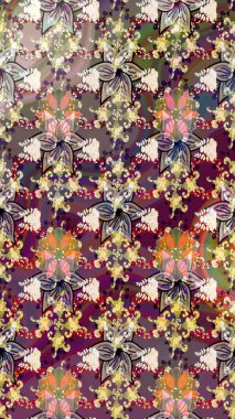 Çiçekli ipek eşarp. Retro tekstil tasarım koleksiyonu. 1950-1960 motifleri. Kahverengi ve bej üzerine kahverengi ve bej. El çizimi çiçek elementleri ile soyut çizim raster deseni.