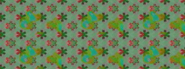 Yeşil ve gri arka planda. Tekstil, kumaş, ambalaj, hatıra defteri için hoş bir çiçek arkaplanı. Elle çizilmiş çiçek desenli Raster çizimi. Çocuksu tasarım.
