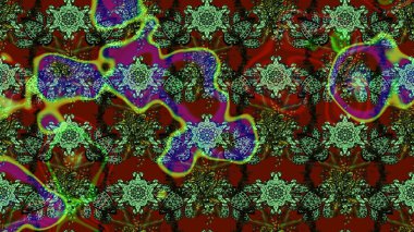 Raster deseni. Kibar, bahar çiçekleri yeşil ve kırmızı renklerde. Raster illüstrasyonu. Patlayan çiçekler soyut yerleştirilmiş.