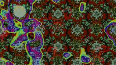 Parlak çiçekli kolaj çiçekleri yeşil ve kırmızı. Çiçek tasarımı için inanılmaz bir kolaj cenneti tarzı. Çiçekli zambaklar eskiz arka planı.