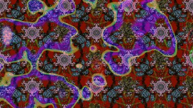 Kahverengi ve kırmızı arka planda. Elle çizilmiş çiçek desenli Raster çizimi. Tekstil, kumaş, ambalaj, hatıra defteri için hoş bir çiçek arkaplanı. Çocuksu tasarım.