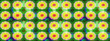 Çiçek deseni. Yeşil ve sarı renkte çiçek çizimi. Yeşil ve sarı renkli çiçekler. Raster illüstrasyonu. Şatafatlı bahar bahçesi dokusu.