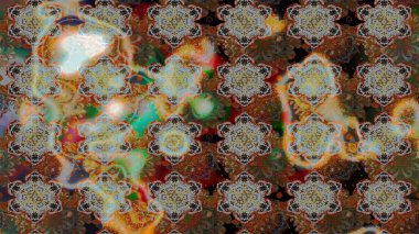 Raster illüstrasyonu. Çiçek desenli çizim. Kahverengi ve gri renkli Asyalı tekstil.