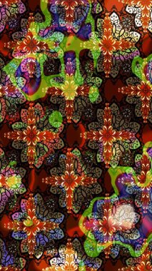 Raster Çiçek İllüstrasyonu güzel tekstil. Kahverengi ve siyah renkte etnik çiçeklerle süslenmiş zarif bir eskiz..