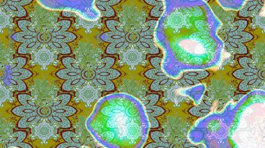 Raster illüstrasyonu. Yeşil ve mavi renklere karalamalar çizilmiş çiçek deseni.