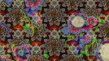 Raster Floral Illustration, Asyalı tekstil. Gri ve kahverengi renkli etnik çiçeklerle zarif bir eskiz..