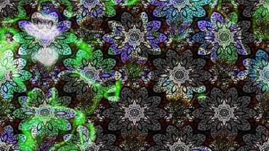 1950-1960 motifleri. Çiçekli ipek eşarp. Retro tekstil tasarım koleksiyonu. Gri ve siyah üzerine gri ve siyah. El çizimi çiçek elementleri ile soyut çizim raster deseni.