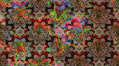 Halk tarzı. Parlak renkli çiçekleri ve kahverengi ve bej renkli yaprakları olan harika bir çiçek deseni. Moda baskıları için zarif bir şablon. Modern çiçek arkaplanı.