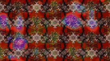 Patlayan çiçekler soyut olarak yerleştirilmiş. Kahverengi ve kırmızı renklerde bahar çiçekleri. Raster illüstrasyonu. Raster deseni.