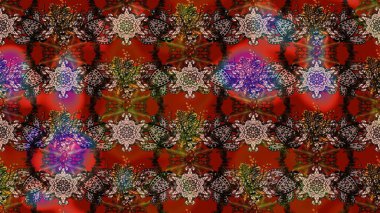 Patlayan çiçekler soyut olarak yerleştirilmiş. Kahverengi ve kırmızı renklerde bahar çiçekleri. Raster illüstrasyonu. Raster deseni.