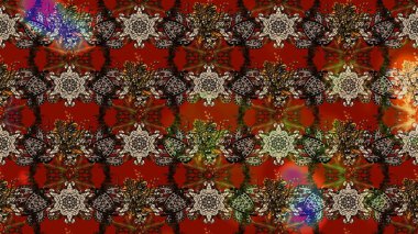 Raster illustration. Colorful sketch pattern. Flowers wallpaper. In cute textile style on brown and red colors. Floral background.