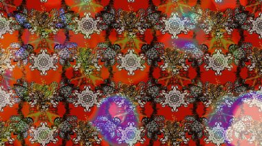 Motley illüstrasyonu. Küçük çiçekte güzel bir desen. Moda baskıları için zarif bir şablon. Küçük renkli çiçekler. Kahverengi ve kırmızı çiçekli bahar çiçekleri.