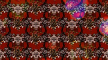 Suluboya elle çizilmiş çiçek desenli eskiz deseni. Parlak renkli fantezi çiçekleri, yapraklar, kahverengi ve kırmızı renkli tomurcuklar kahverengi ve kırmızı.