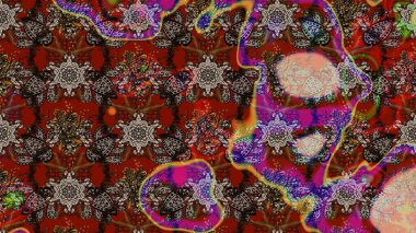 Raster deseni. Kahverengi ve kırmızı renklerde bahar çiçekleri. Raster illüstrasyonu. Patlayan çiçekler soyut yerleştirilmiş.