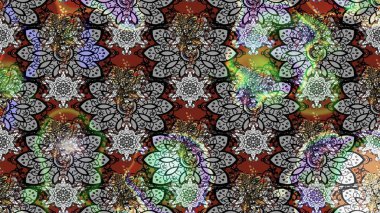 Eskiz arkaplan modeli. Raster - stok. Yapraklı çiçekler ve kır ve kahverengi renkli papatya çiçekleri..