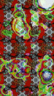 Çok renkli ve kahverengi zarif küçük çiçekler ve kırmızı ve kahverengi renkli komik böcekler, raster desen, illüstrasyon.