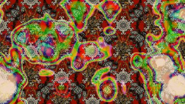 Suluboya elle çizilmiş çiçek desenli eskiz deseni. Parlak renkli fantezi çiçekleri, yapraklar, kahverengi ve yeşil renkli tomurcuklar kahverengi ve yeşil.