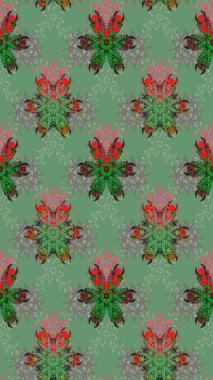 Suluboya çiçekli çiçek deseni. Yeşil renkli Asya tekstili. Raster illüstrasyonu.