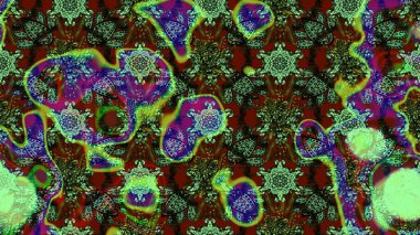 Raster illüstrasyonu. Patlayan çiçekler soyut olarak yerleştirilmiş. Yumuşak, yeşil ve kahverengi renklerde bahar çiçekleri. Raster deseni.