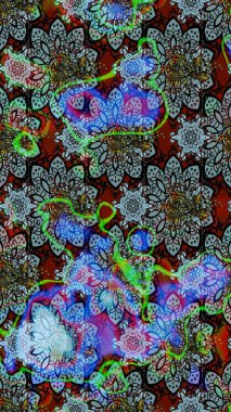 Raster illüstrasyonundaki çiçek desenli çizim. Mavi ve nötr renkte çiçekler.