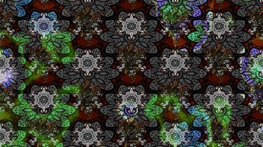 Raster Floral Illustration in asian textile. Elegance sketch pattern with ethnic flowers on gray and black colors.