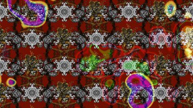 Gri ve kırmızı renklerde Asya tekstili. Raster illüstrasyonu. Çiçek desenini çiz.