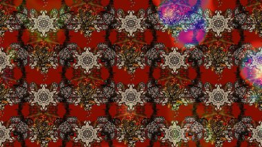 Halk tarzı. Modern çiçek arkaplanı. Parlak renkli çiçekleri ve kahverengi ve kırmızı renkte yaprakları olan harika bir çiçek deseni. Moda baskıları için zarif bir şablon.