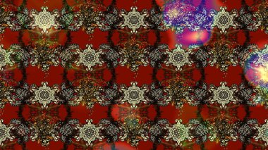 Raster deseni. Kahverengi ve kırmızı renklerde bahar çiçekleri. Raster illüstrasyonu. Patlayan çiçekler soyut yerleştirilmiş.