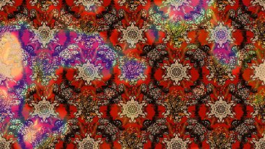 In cute textile style on brown and red colors. Raster illustration. Colorful sketch pattern. Flowers wallpaper. Floral background.