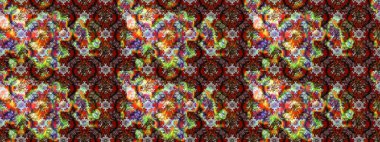 Çok kahverengi ve kırmızı zarif küçük çiçekler ve kahverengi ve kırmızı renkli komik böcekler, raster desen, illüstrasyon.