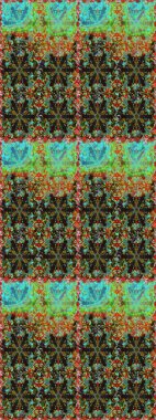 Raster altın tekstil baskısı. Kusursuz desenli oryantal süs. Çiçek kiremitleri. İslam tasarımı. Kahverengi ve yeşil renklerde altın desenli altın elementler.